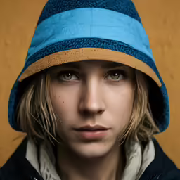 a person wearing a blue and tan hat with a brown strap around their waist