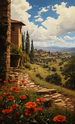 flowers sit in the foreground by a path that runs to a house on a hill