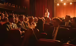 a crowd of people sitting in a theatre looking into the distance