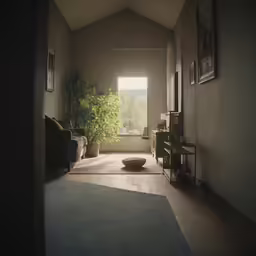 sunlight pours through a window onto a carpeted hallway