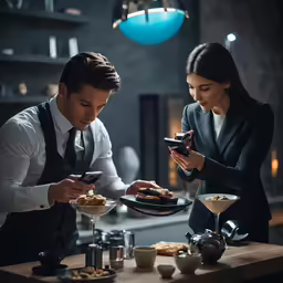 man and woman in office uniforms looking at the food on a plate
