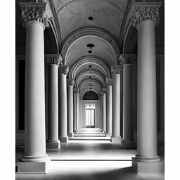 an empty room with columns and pillars leading into a bright doorway