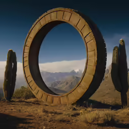 two giant wooden circular tires are in the desert
