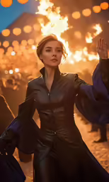 the woman is standing near a fire