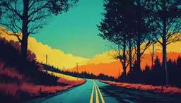 painting of a road going through the forest under a full sky,an image of a scenic country road that is painted with acrylic colors