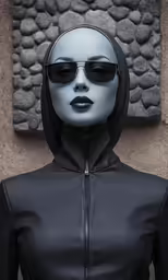 a woman with glasses wearing a dark outfit and hood