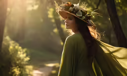 a woman wearing a large hat with flowers and greenery on top