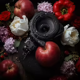 an old camera, some flowers and apples on a table