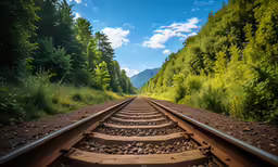 a railroad track with a bunch of trees in the background
