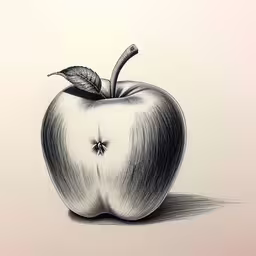 an apple drawing on a sheet of paper,an apple with a bite missing is drawing