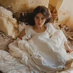 the woman lies in bed wearing a white blouse