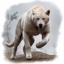 a white dog is standing on some dirt
