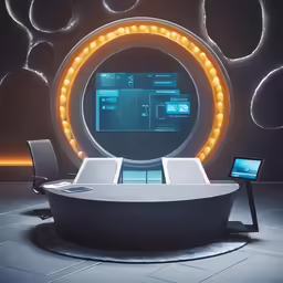 a round mirror on the side of a black wall with an interactive desk