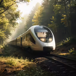 an electric train makes its way through the woods