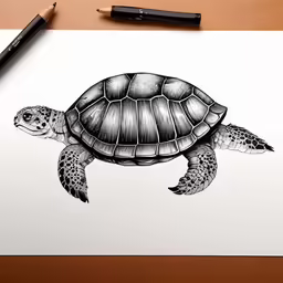 a turtle and some colored pencils on a white paper