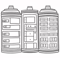 a line drawing of a couple of big water tanks,a line drawing of three double stacked tanks,the inside of three canisters for the paint,an outline of the back of a can with three different tanks,three large flasks that have two different designs