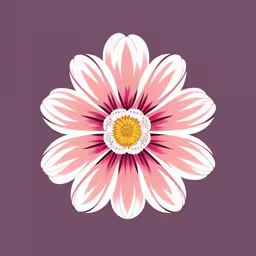 a purple background with a white and pink flower,a pink and white flower with yellow center,an illustrated flower with white petals on pink,the pink and white flower on the wall is next to purple walls,a colorful flower on a purple background