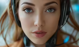 a woman with long hair wearing a headset