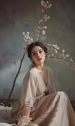a young woman in a white dress sitting on a white bed