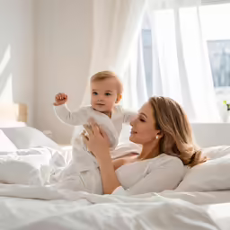 a woman is holding a baby on her shoulder
