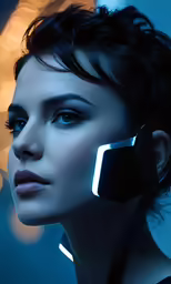 a lady with a dark dress with futuristic markings on her face and nose