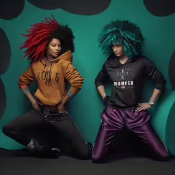 two models in sweatshirts and pants with red, green and purple hair