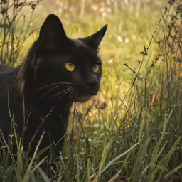 a cat stares out from the tall green grass