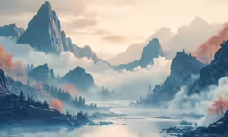 a water landscape with rocky mountains and trees