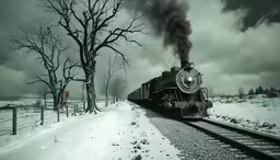 a steam train pulling into a snowy country road