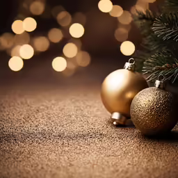 a pine tree with golden ornaments around it