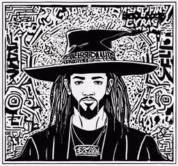 a drawing of the man in a hat,a portrait with the rapper wearing a big hat