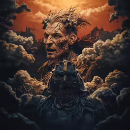 the poster shows a man with long hair on his head in front of clouds