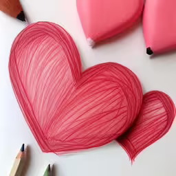a heart with two pencils laying next to it,a heart shaped object is being drawn with colored pencils,two pink hearts shaped like hearts with pencils,a heart drawn with red crayons on white paper,a heart made out of colored pencils next to a drawing of a love