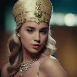 a woman with blonde hair wearing a golden hat