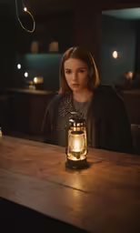 a woman sitting at a wooden table with a lit lantern