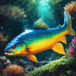 an aquarium scene with a very large fish,a colorful fish in the midst of an aquarium