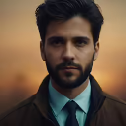 a bearded man in a suit looks forward