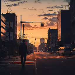 a man walking down a street with buildings in the background
