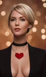 a woman wearing a necklace with heart on it