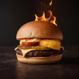 a burger with a lot of flames on it