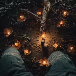 person standing in front of a circle of lit candles