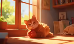 an orange and white cat lying on top of a floor