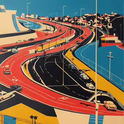 a painting on display with cars driving over the road