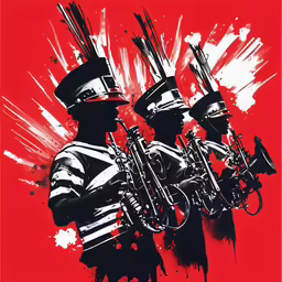 two soldiers in military uniforms stand near each other and play trumpet