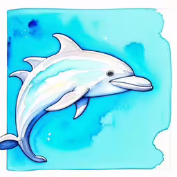 a watercolor painting of a dolphin on a blue background,a drawing of a dolphin swimming in blue water