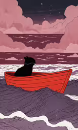 a cat in a boat floating in a ocean,a cat is sitting in the front of a small boat