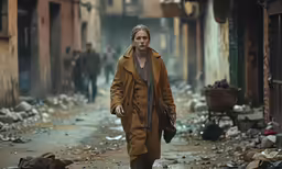 a woman walking through an alleyway with her hand on her hip