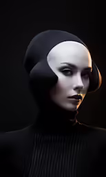 woman in black and white headgear with dark background