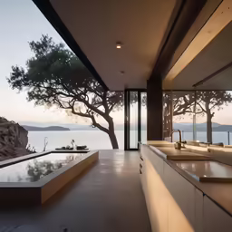 a kitchen with a view of the ocean