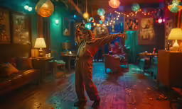 a man standing on the floor in a room that has some lights hanging from it